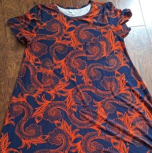 LuLaRoe Navy Tee Dress with Bright Orange Swirl Print